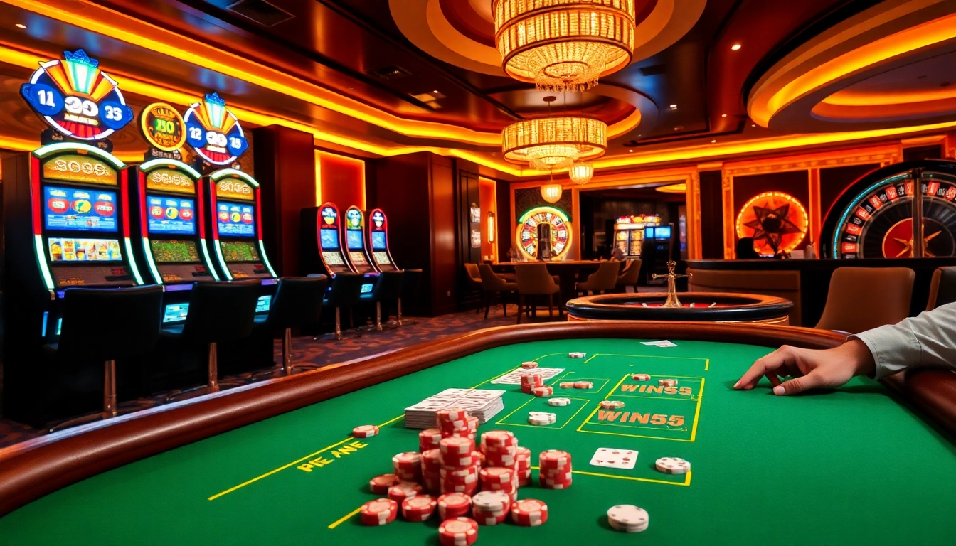 Players strategizing at a casino table, with win55 chips and vibrant lighting creating an exciting atmosphere.