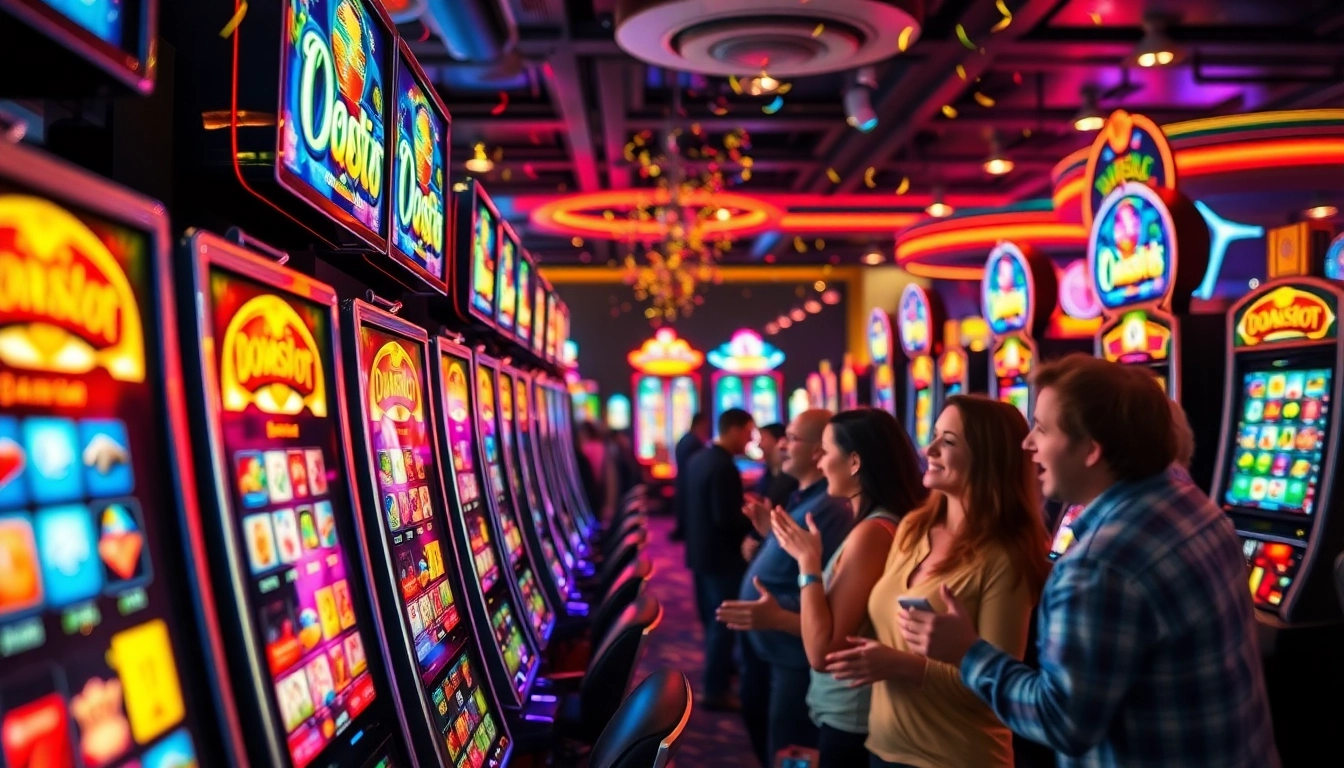 Captivating scene of players enjoying the doaslot slot machines in a vibrant casino setting.