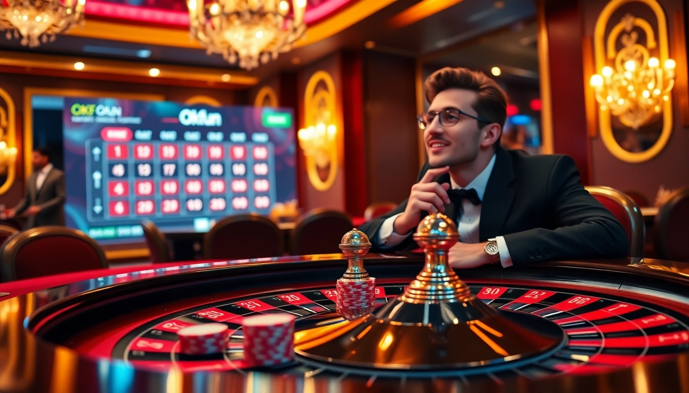 Thrilling casino scene with poker chips and a roulette table featuring Okfun graphics.