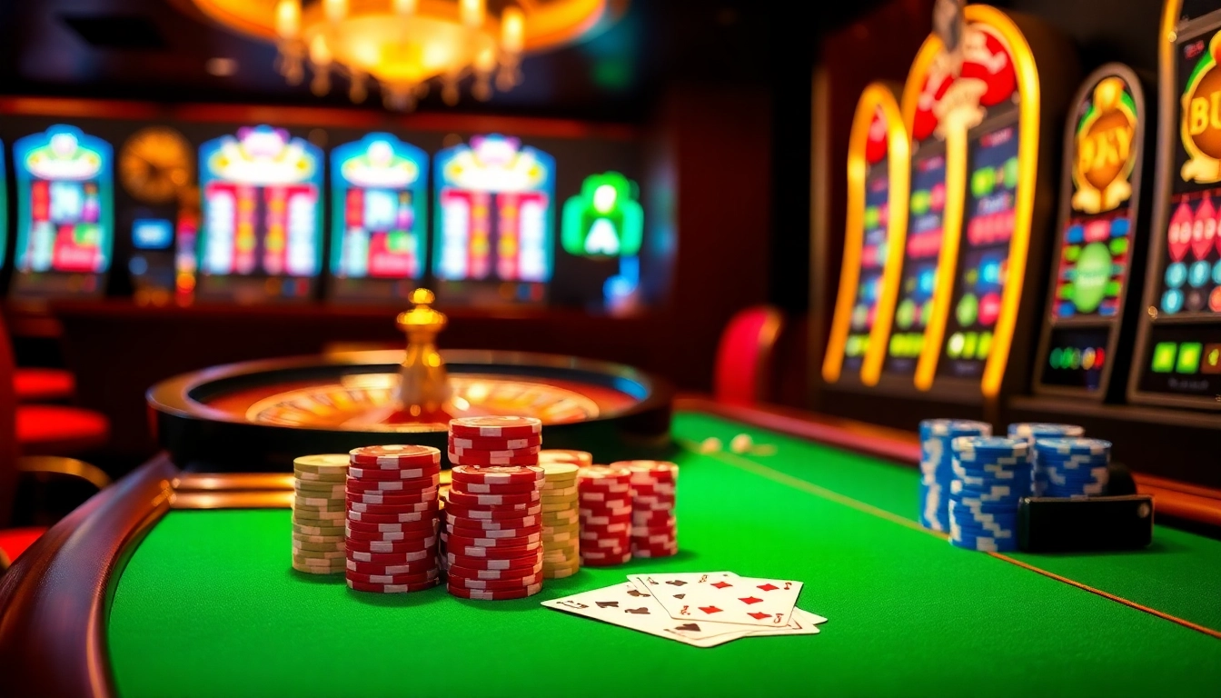 Experience thrilling gameplay at MM88 with vibrant casino tables, colorful poker chips, and illuminated slot machines.