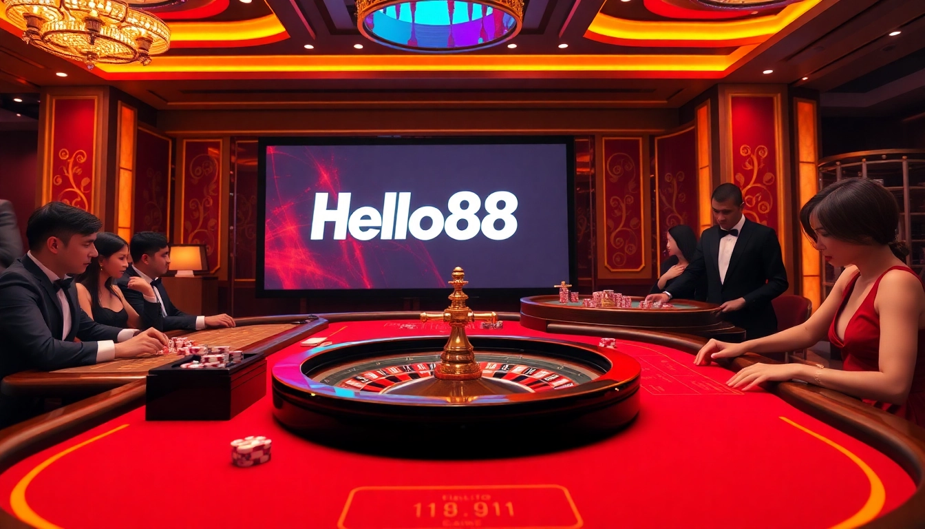 Players experiencing the thrill of betting at Hello88 casino with vibrant games and luxury ambiance.