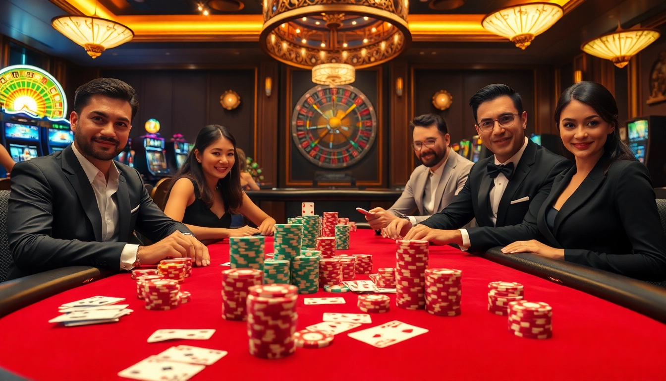 KJC gaming poker table scene showcasing vibrant chips and players in stylish attire.