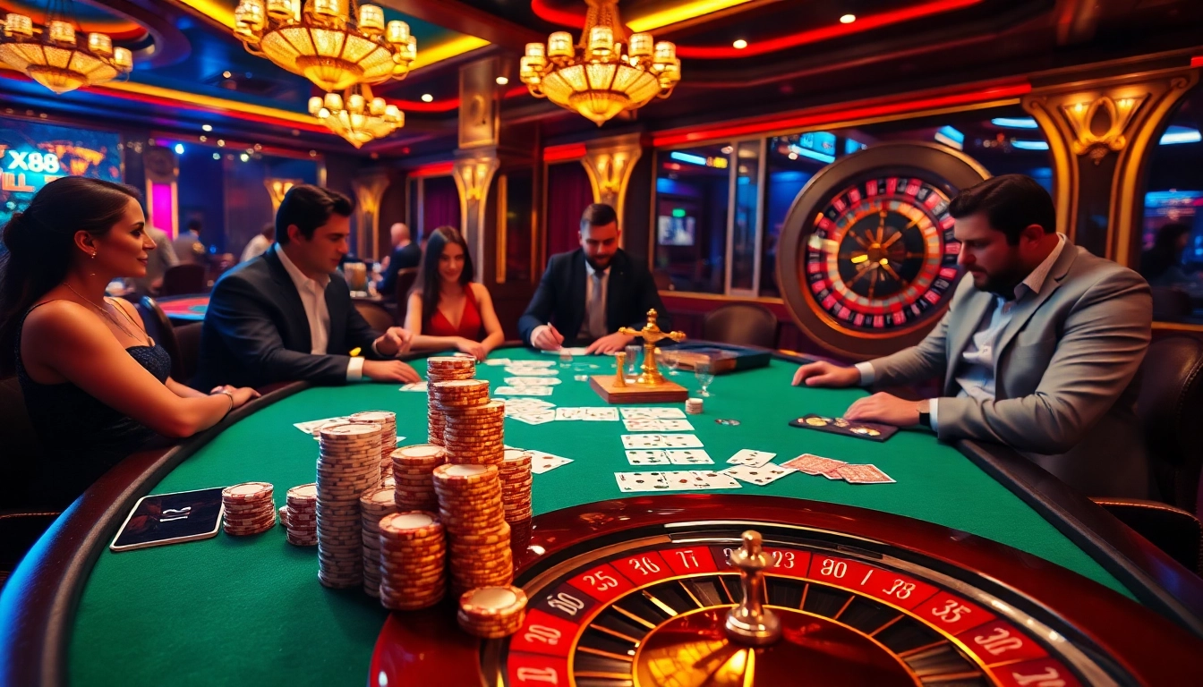 Players savoring the thrill of a poker game at xx88 casino table with vivid colors and excitement.