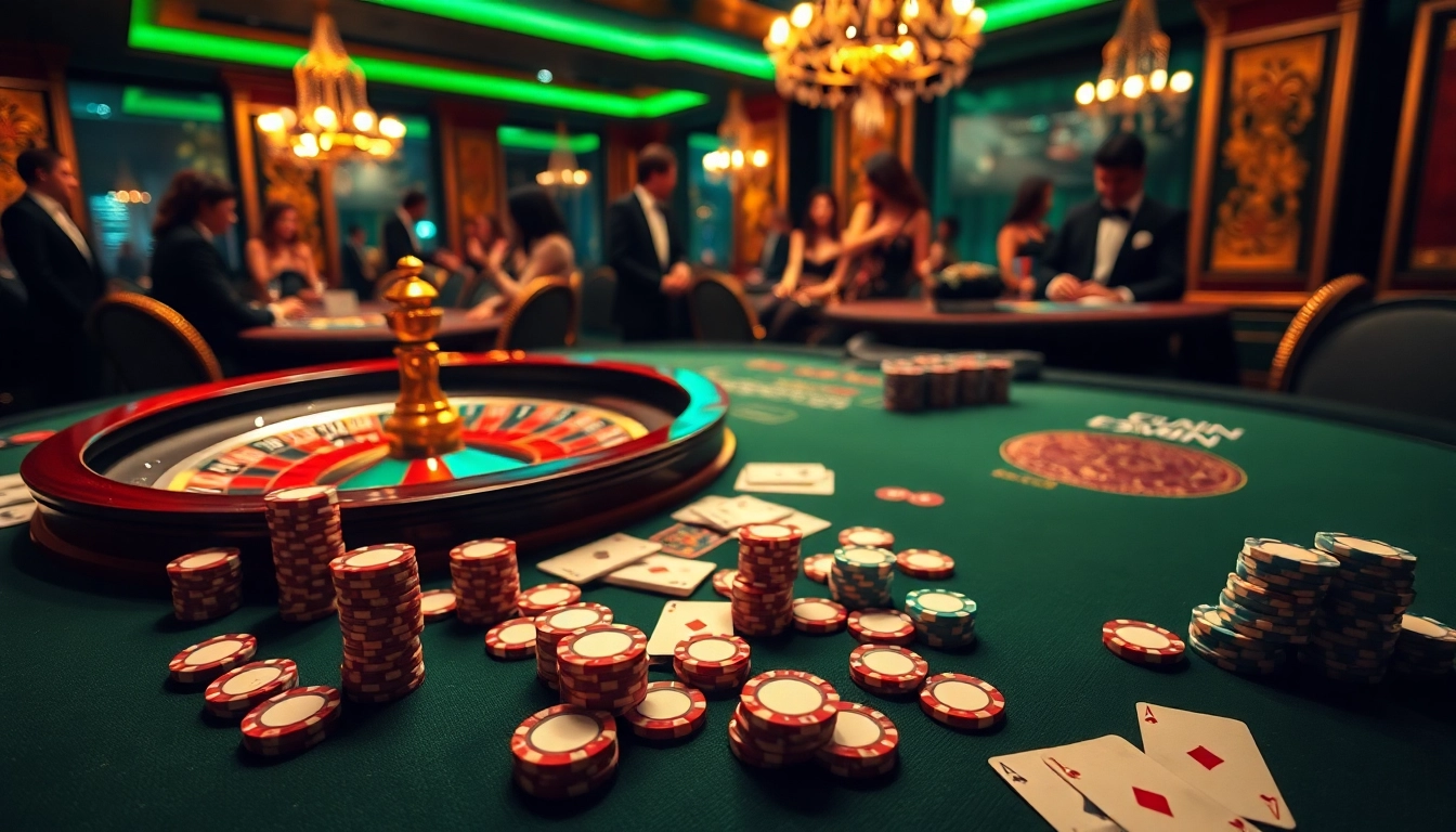 Experience the thrill of 13Win with an exciting casino scene showcasing poker and roulette.