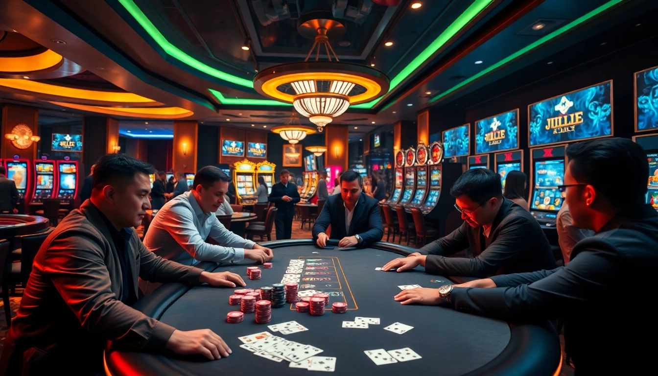 JILI showcases an exciting poker scene featuring professional gamblers engaged in high-stakes gameplay with colorful chips.