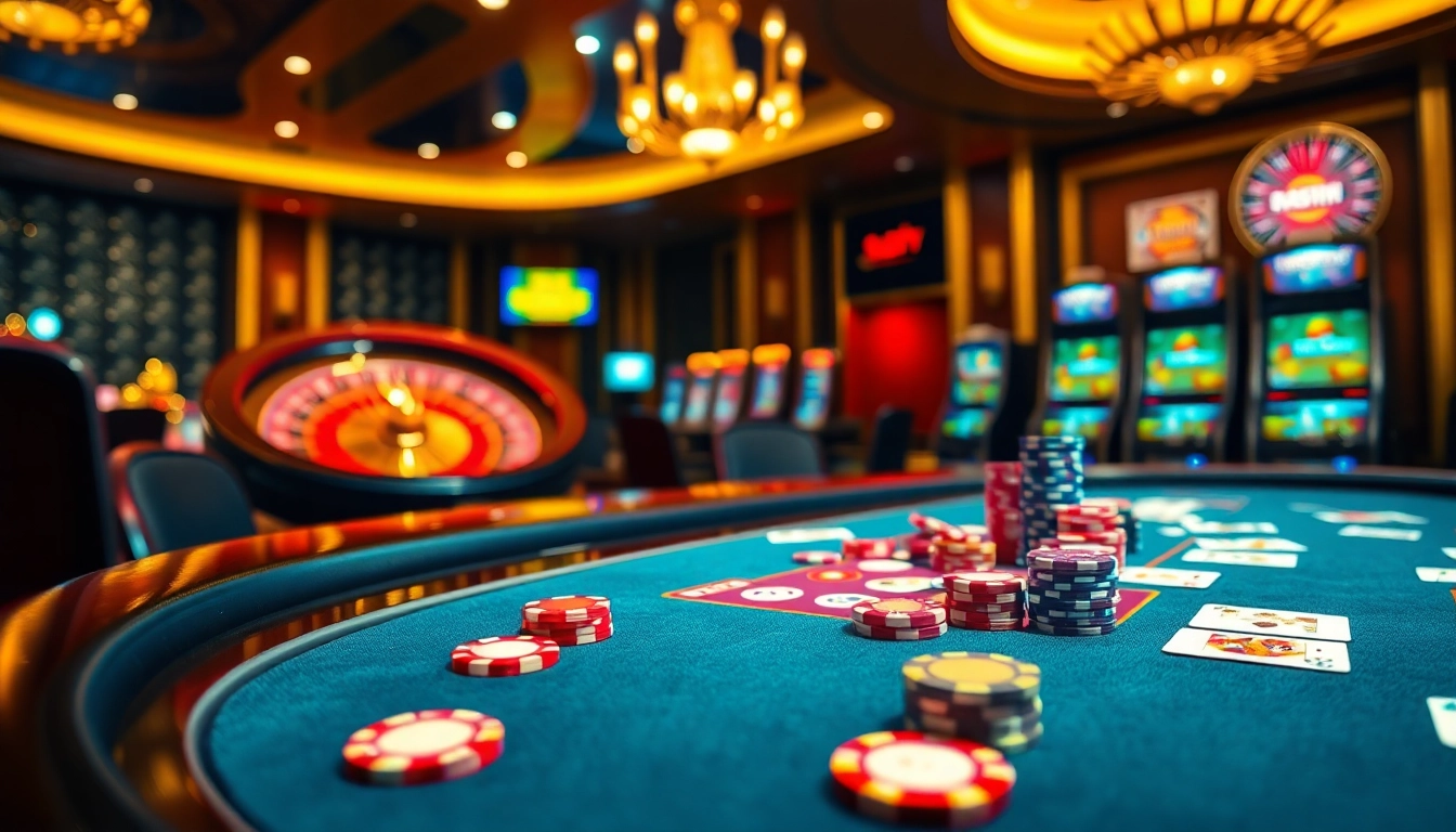 Experience the thrill of winning at 32win with a vibrant casino scene, including poker tables and roulette.