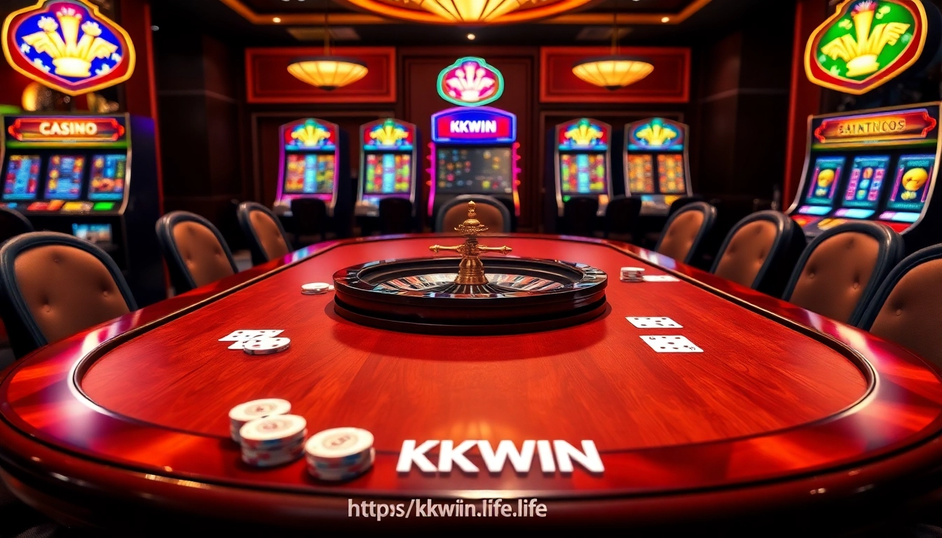 Exciting casino experience at https://kkwin.life featuring poker chips, playing cards, and a roulette wheel.
