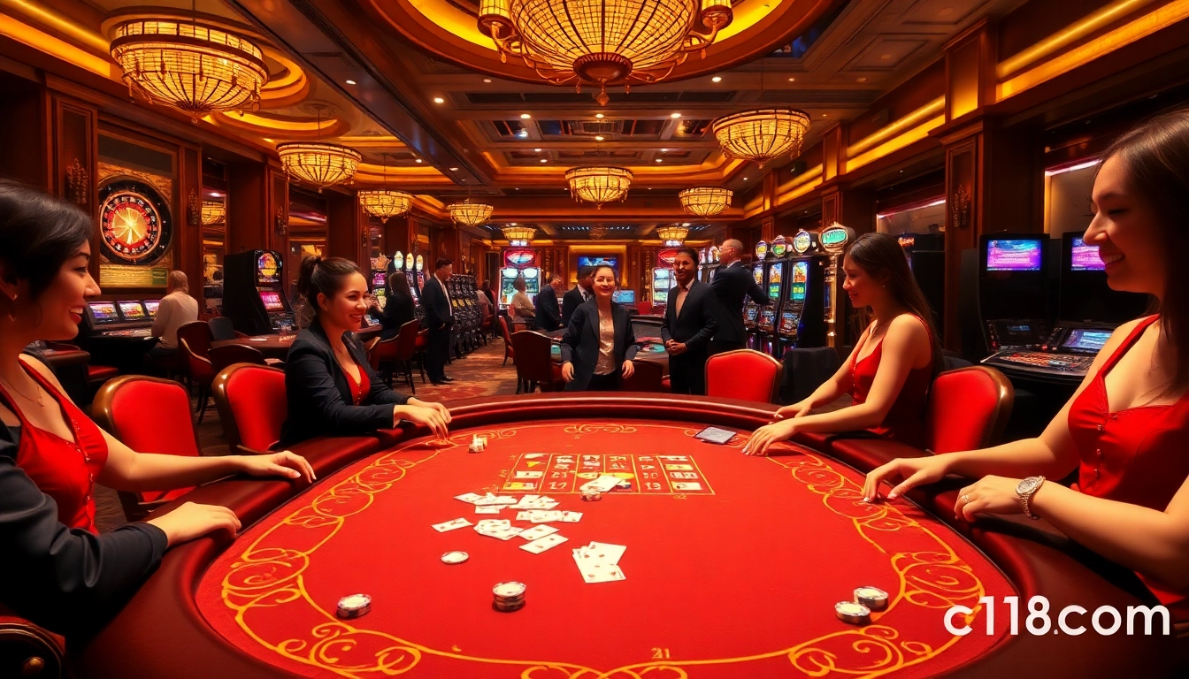 Experience high-stakes excitement at c168 com with an elegant casino scene featuring poker and roulette games.