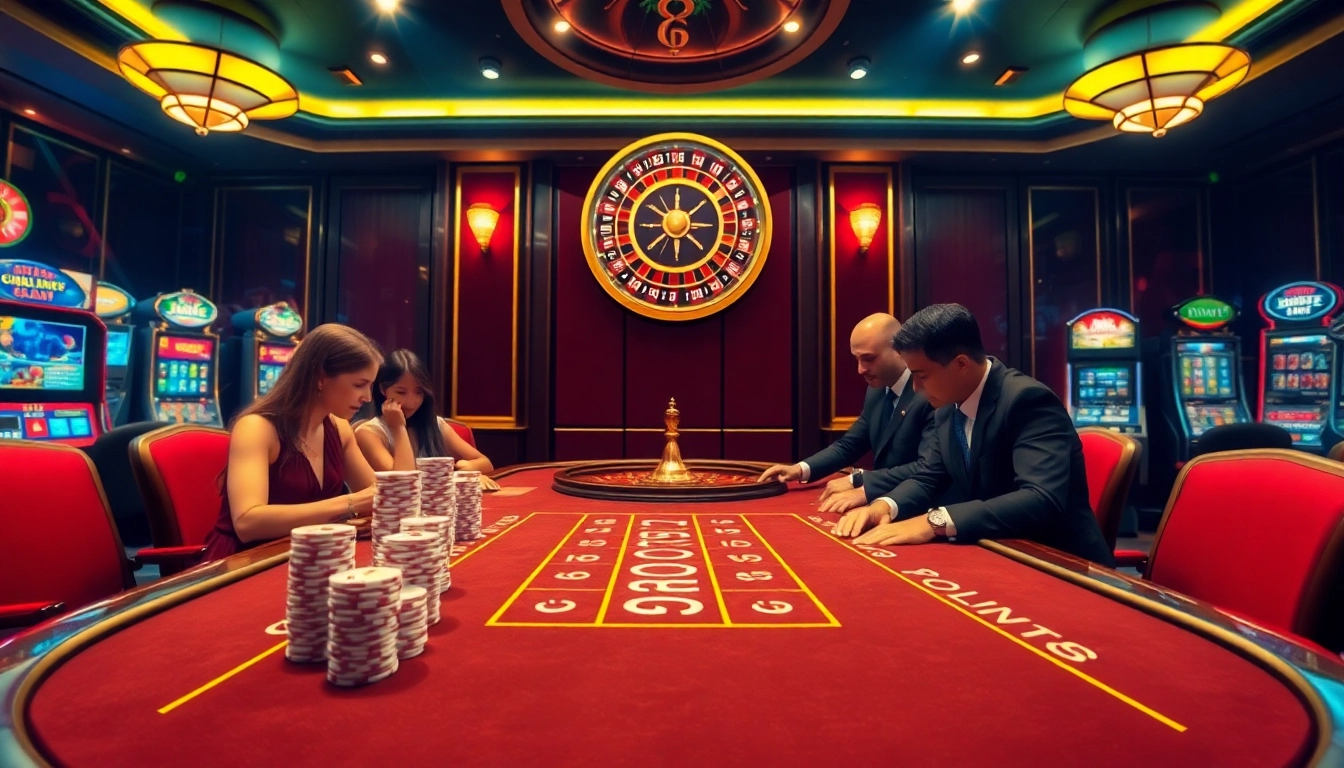 Bj66 casino players enjoying a blackjack game with vibrant ambiance and luxurious decor.
