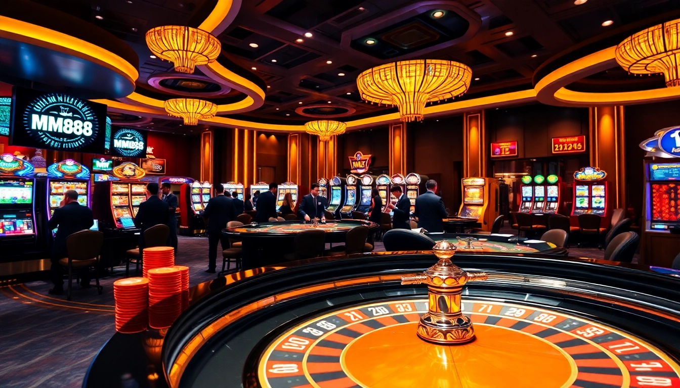 Betting on excitement at MM88, featuring roulette and poker games in a luxury casino environment.