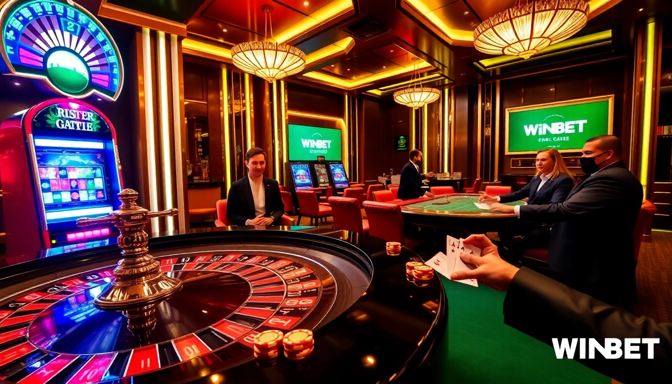 Players enjoying classic casino gaming at WINBET with vibrant slot machines and roulette tables.