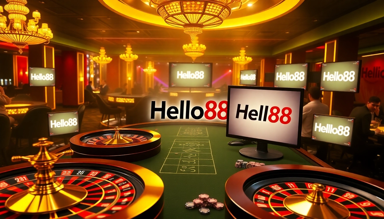Hello88 logo set within a vibrant casino scene with roulette and poker elements showcasing thrilling gameplay.