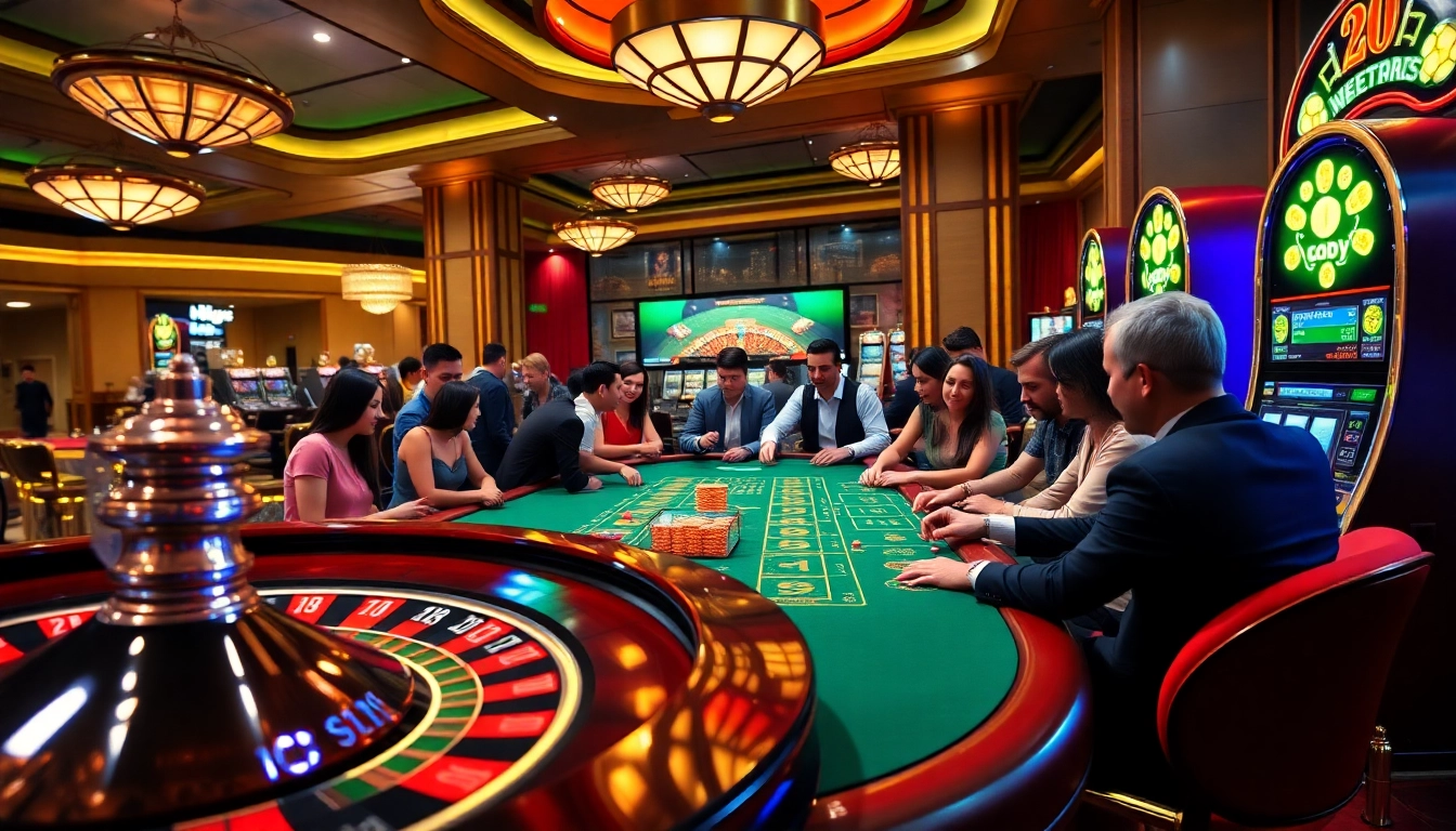 Engaging casino scene featuring F8BET COM, highlighting roulette, poker, and slot excitement.