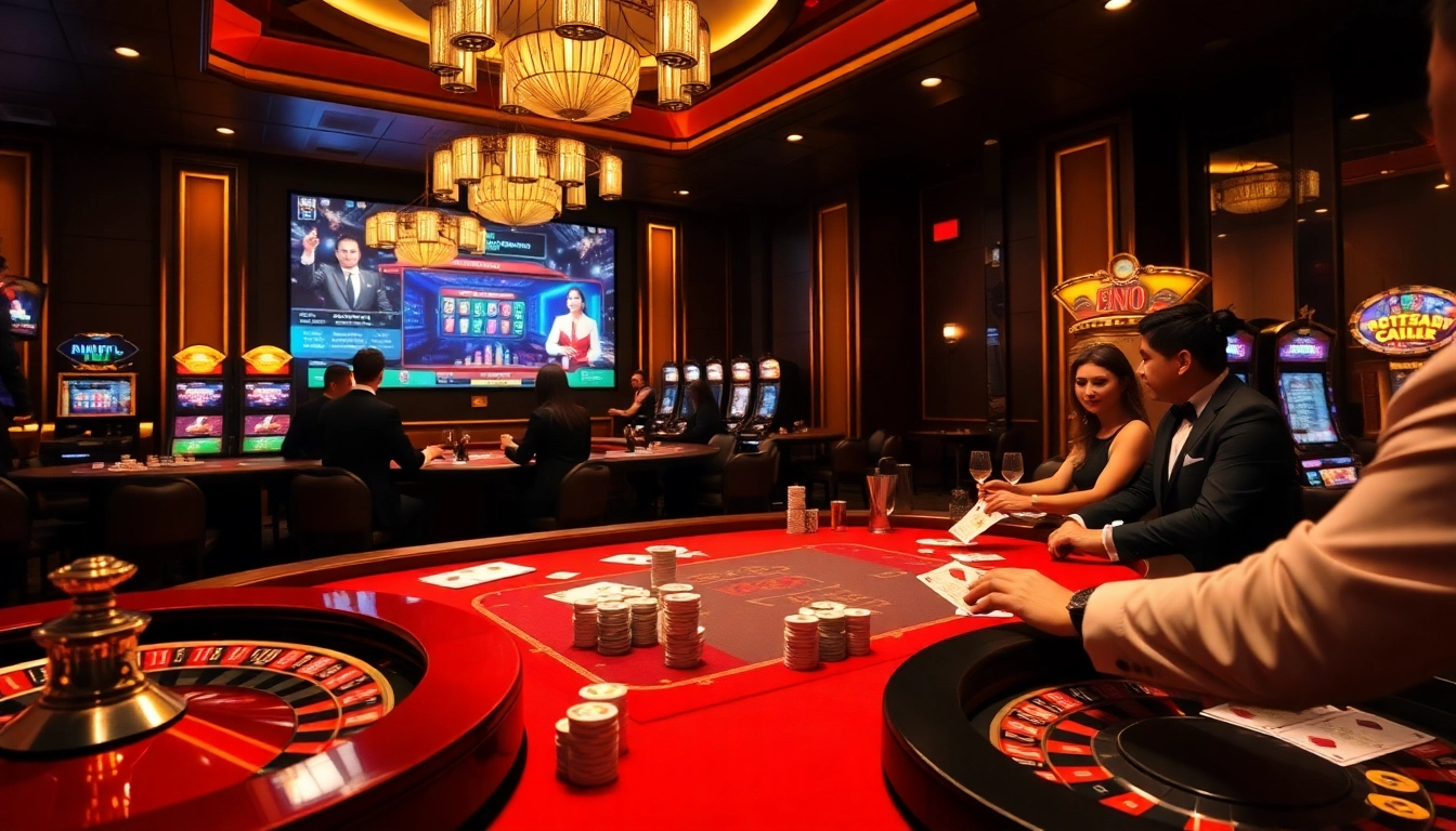 Experience the excitement of live casino games at LC88 COM, featuring vibrant poker action and flashing slot machines.