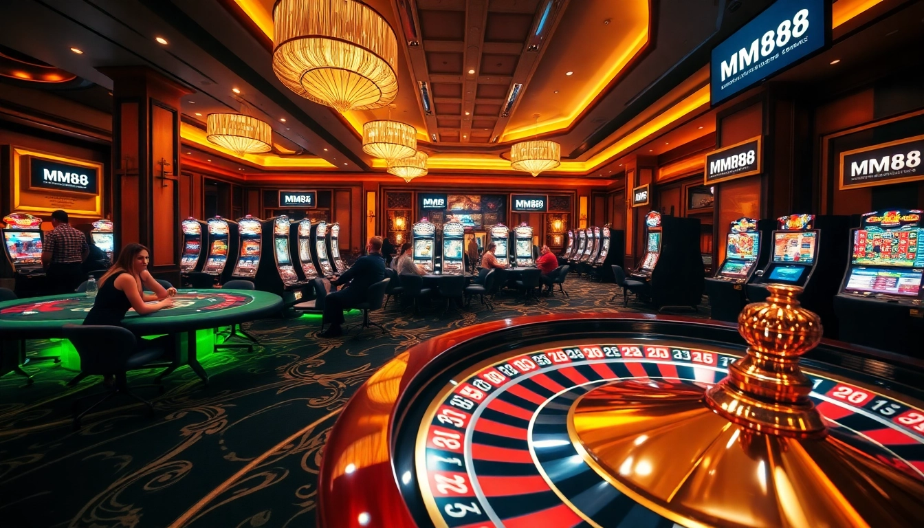 Experience the thrill of MM88 in a vibrant casino setting filled with roulette wheels and lively players.