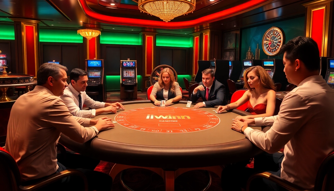 Experience an exciting game at the iWin casino table with vibrant poker action and elegant decor.