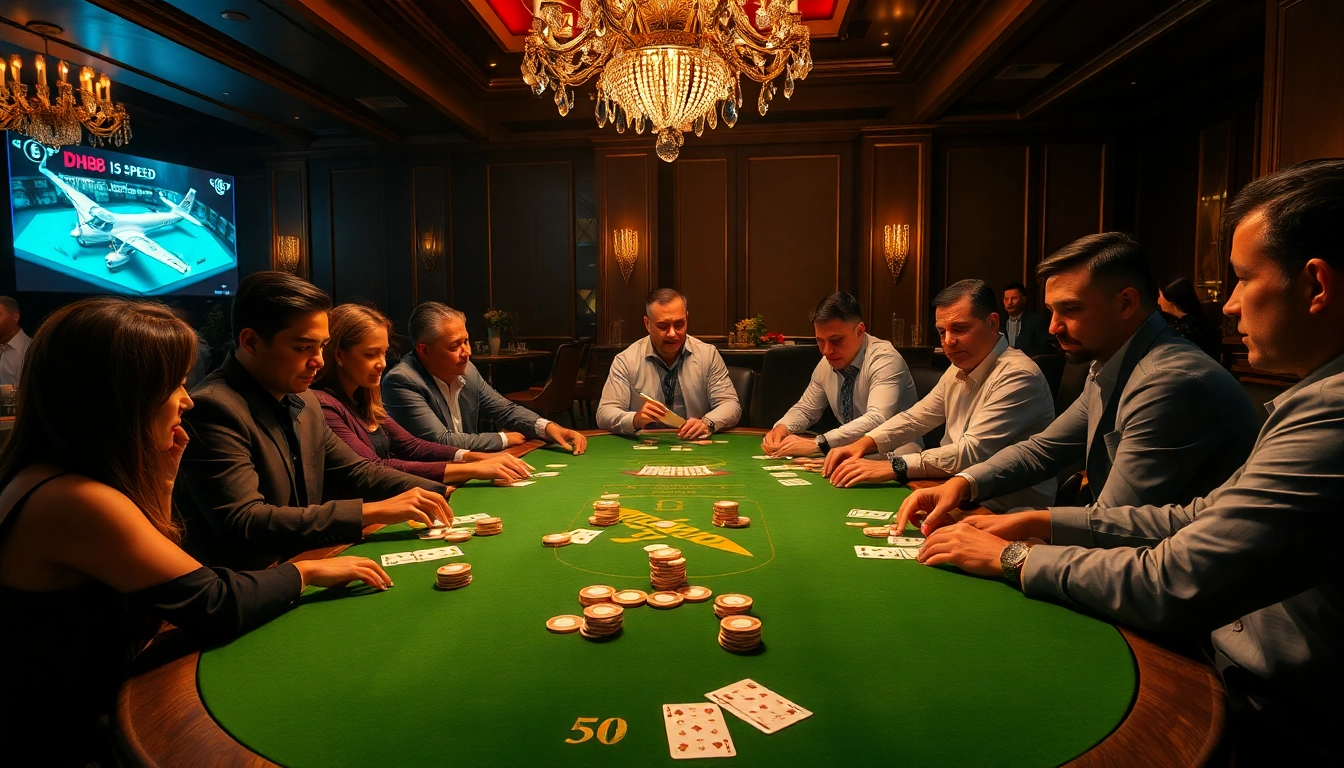 Engaged gamblers at a luxury poker table, showcasing DH88 aircraft theme and vibrant atmosphere.