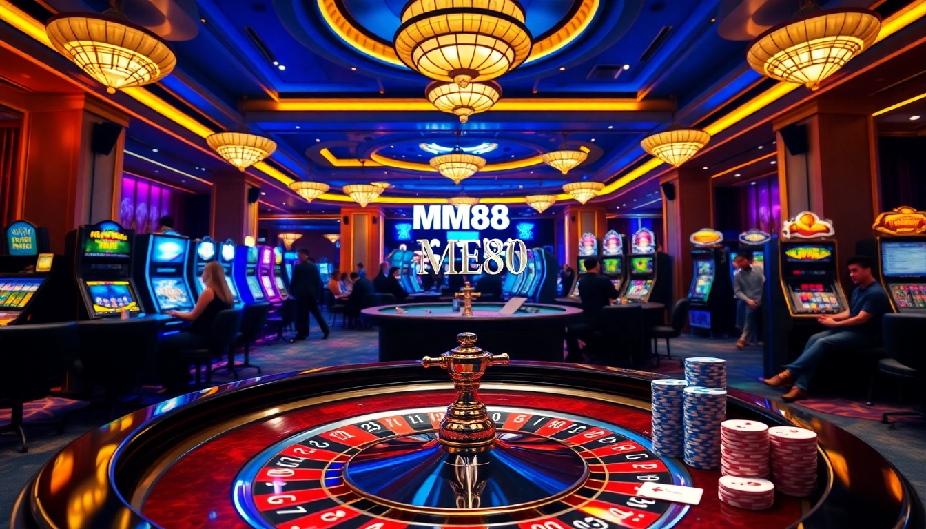 Experience the thrill of gambling at MM88 with vibrant casino visuals featuring roulette and poker.