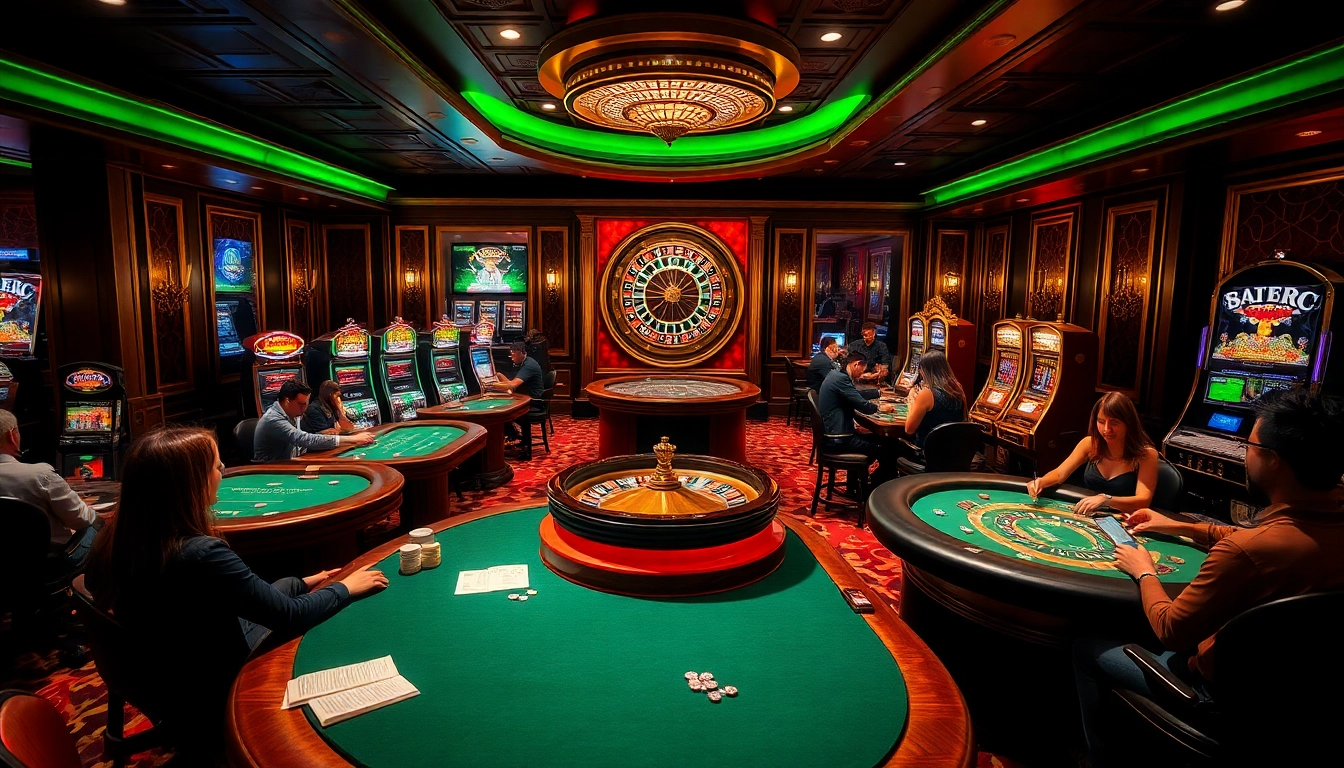 Players celebrating wins at the B52 club casino, featuring vibrant slot machines and poker tables.