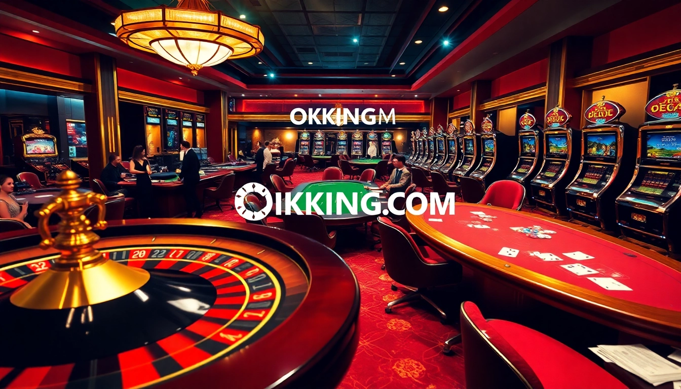 Experience thrilling gameplay at OKKING.COM with vibrant casino tables, roulette wheels, and energetic players.