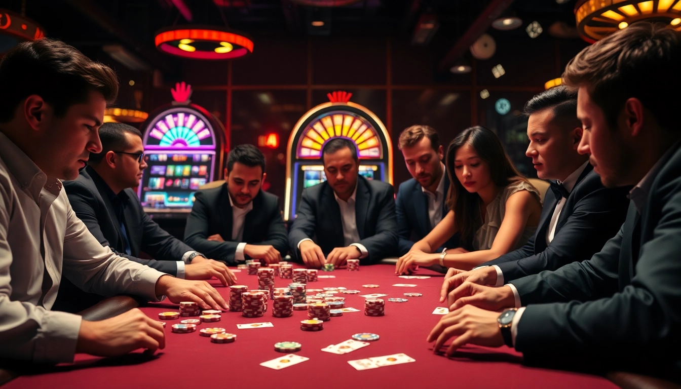 Experience thrilling gaming action at https://go8vni.com/ with professional poker players at a vibrant casino table.
