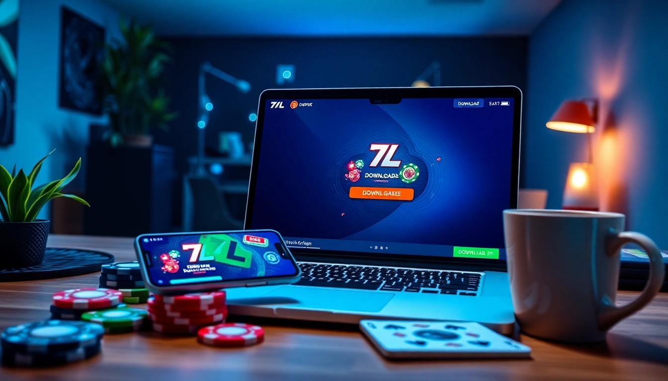 ממשק הורדת 7XL על לפטופ בסביבה עבודה מודרנית בצבעים מרהיבים ואלמנטים של פוקר.