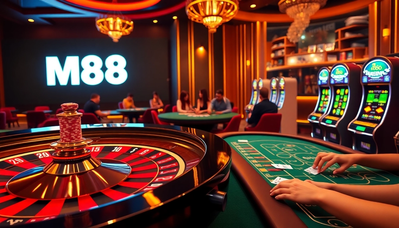 M88 players enjoy an exhilarating game at a luxury casino table, surrounded by vibrant slot machines.
