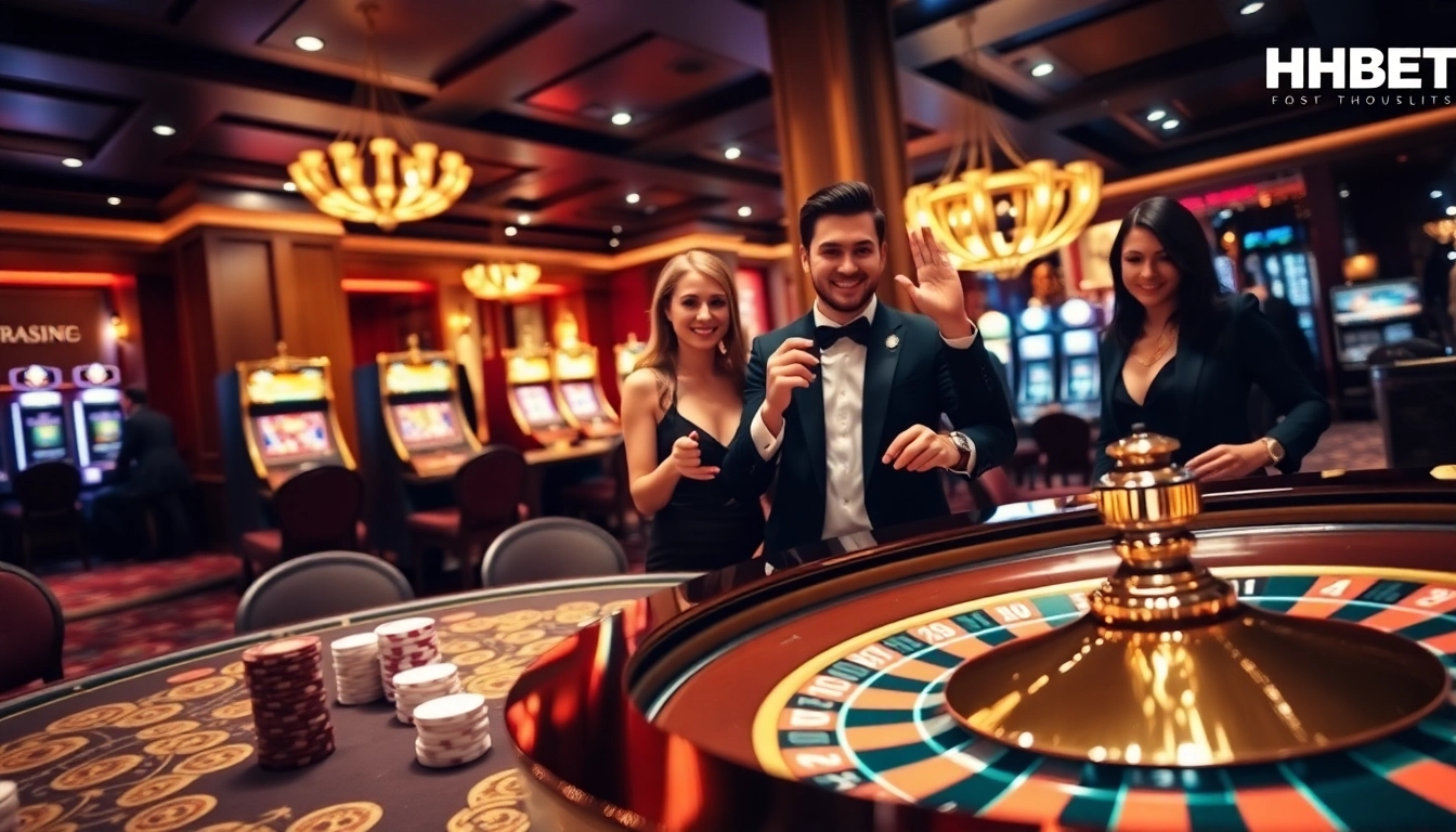 Engaging gamblers at Clube VIP HHBET celebrating a win with luxurious poker chips and roulette.