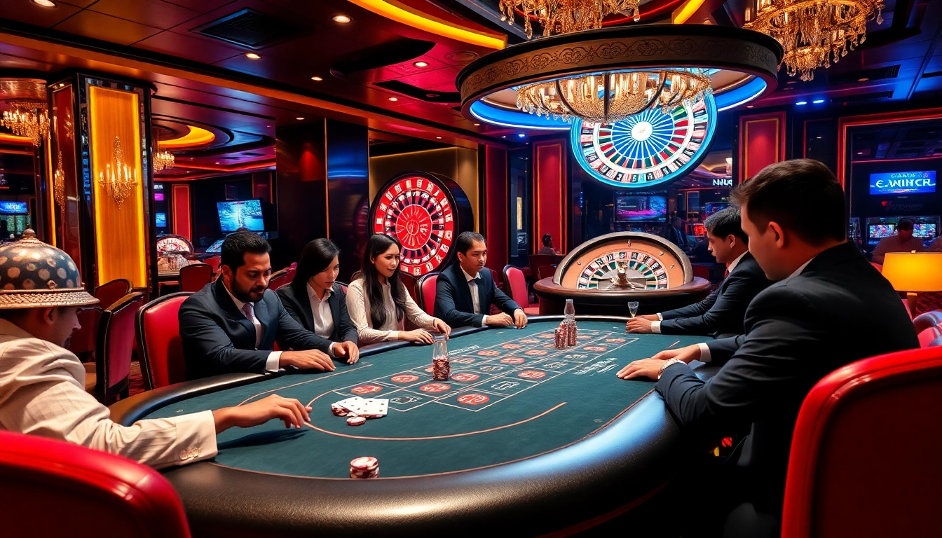 Nohu-themed gambling scene with players focused on poker and roulette in a luxurious casino setting.