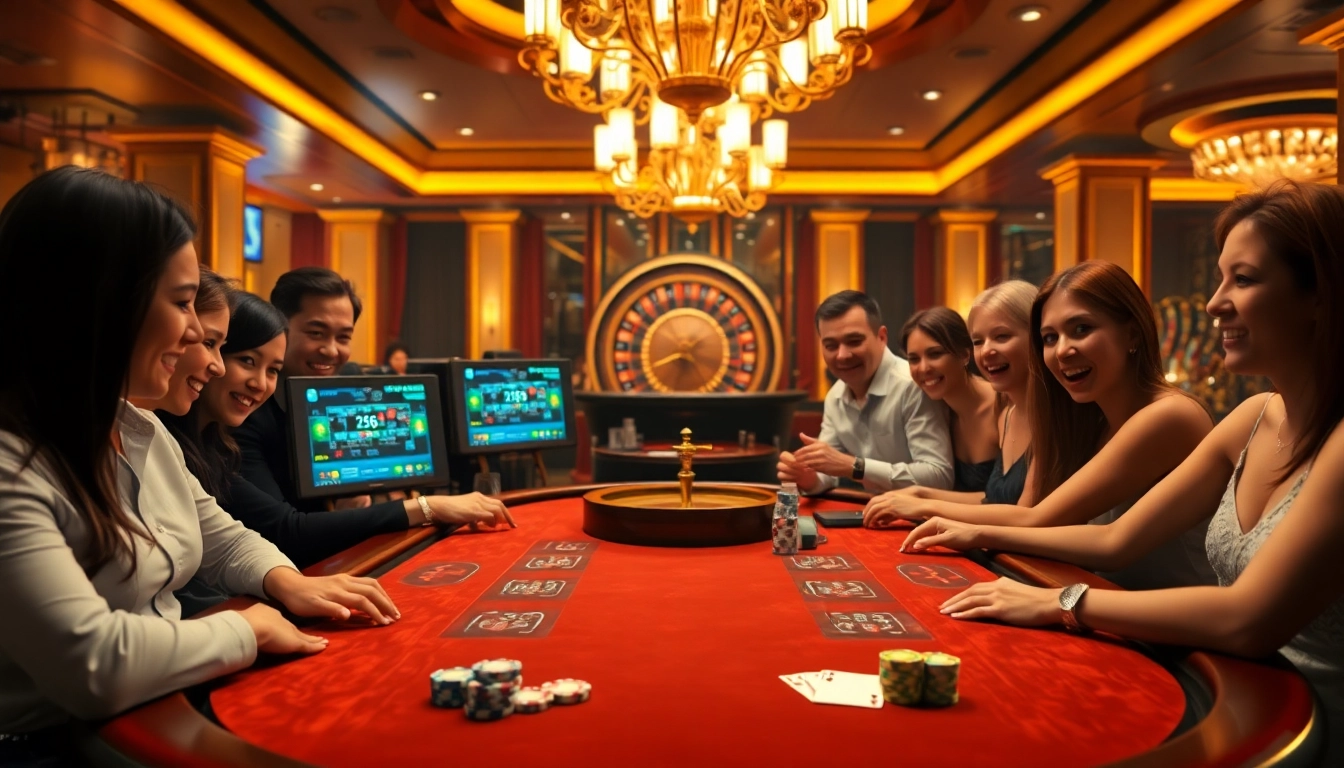 Engage with the thrilling game bài go88 experience amidst a luxurious casino setting with excited players.
