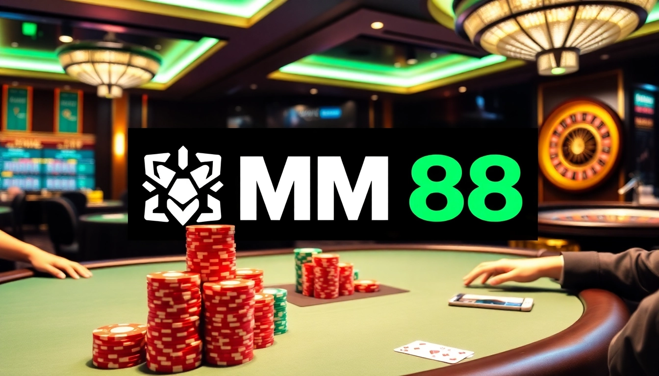 Engaging poker scene with MM88 logo, showcasing a vibrant casino atmosphere.