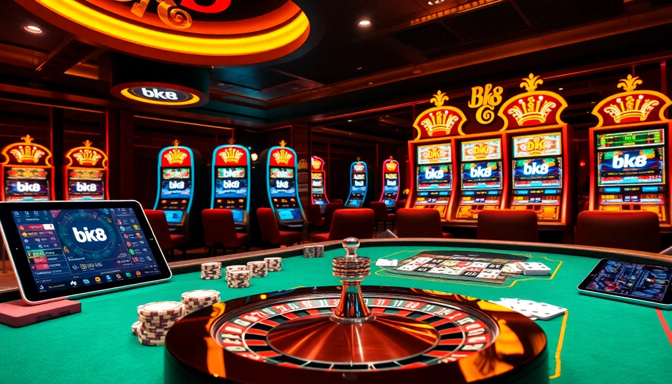 Engage with bk8 สล็อต excitement at a luxurious casino showcasing vibrant tables and illuminated slot machines.