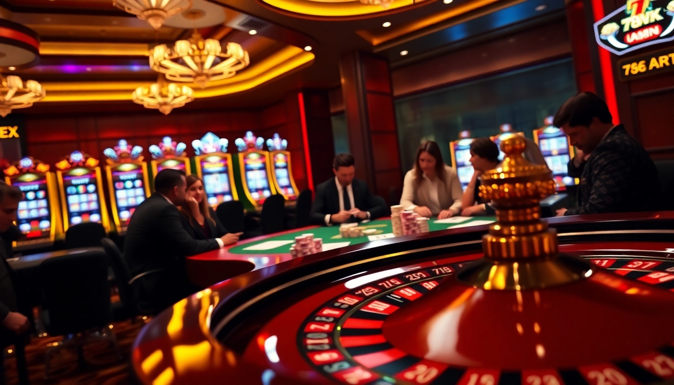 Players enjoying betting games at a luxurious 789WIN casino with roulette wheel and poker table.