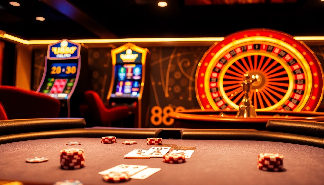 Experience the excitement of u888 at a vibrant casino table with poker chips and cards.