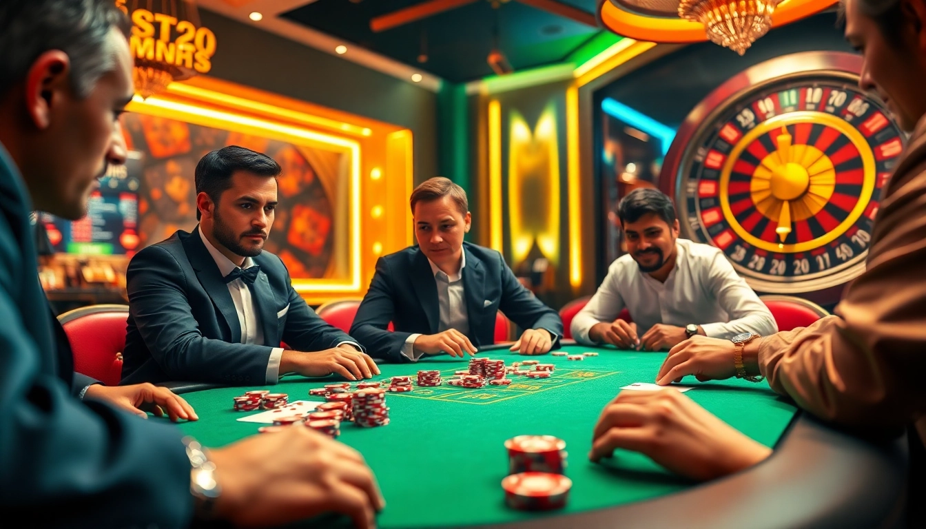 שחקנים באווירה קזינית יוקרתית שמציבים הימור על שולחן פוקר בזמן שהגלגל של הרולטה מסתובב.