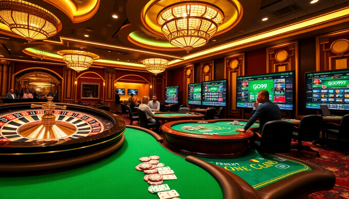 Link vào GO99: Excited players enjoying a vibrant casino atmosphere with poker and roulette.