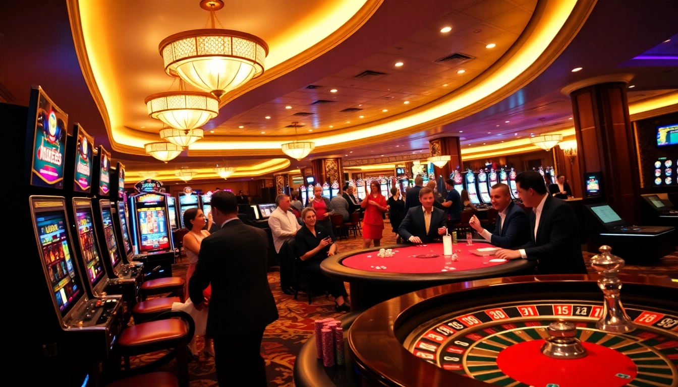 Excited players engaging in games at 8s casino with vibrant slot machines and poker tables.