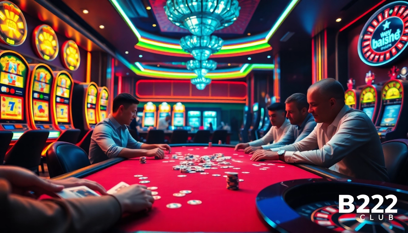 Players enjoy high-stakes poker at the vibrant B52club casino, with colorful chips and cards adding excitement.