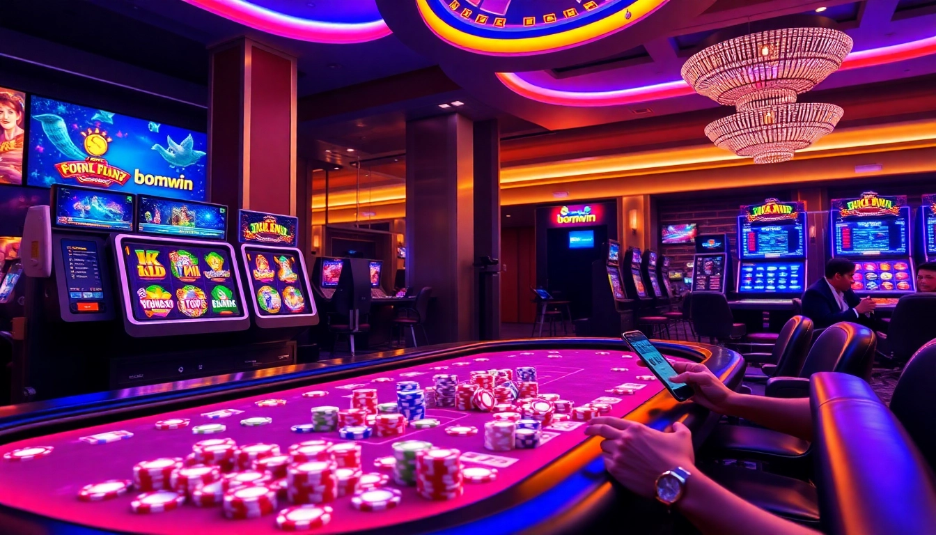 Experience thrilling online gaming at bomwin's virtual casino with vibrant poker tables and advanced slot machines.