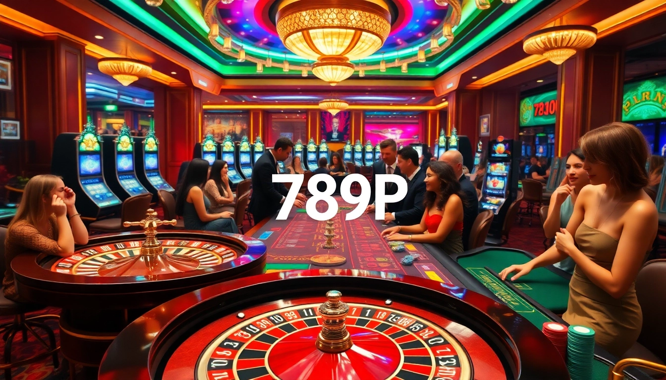 Dynamic gaming action at 789P casino featuring poker tables and vibrant slot machines.