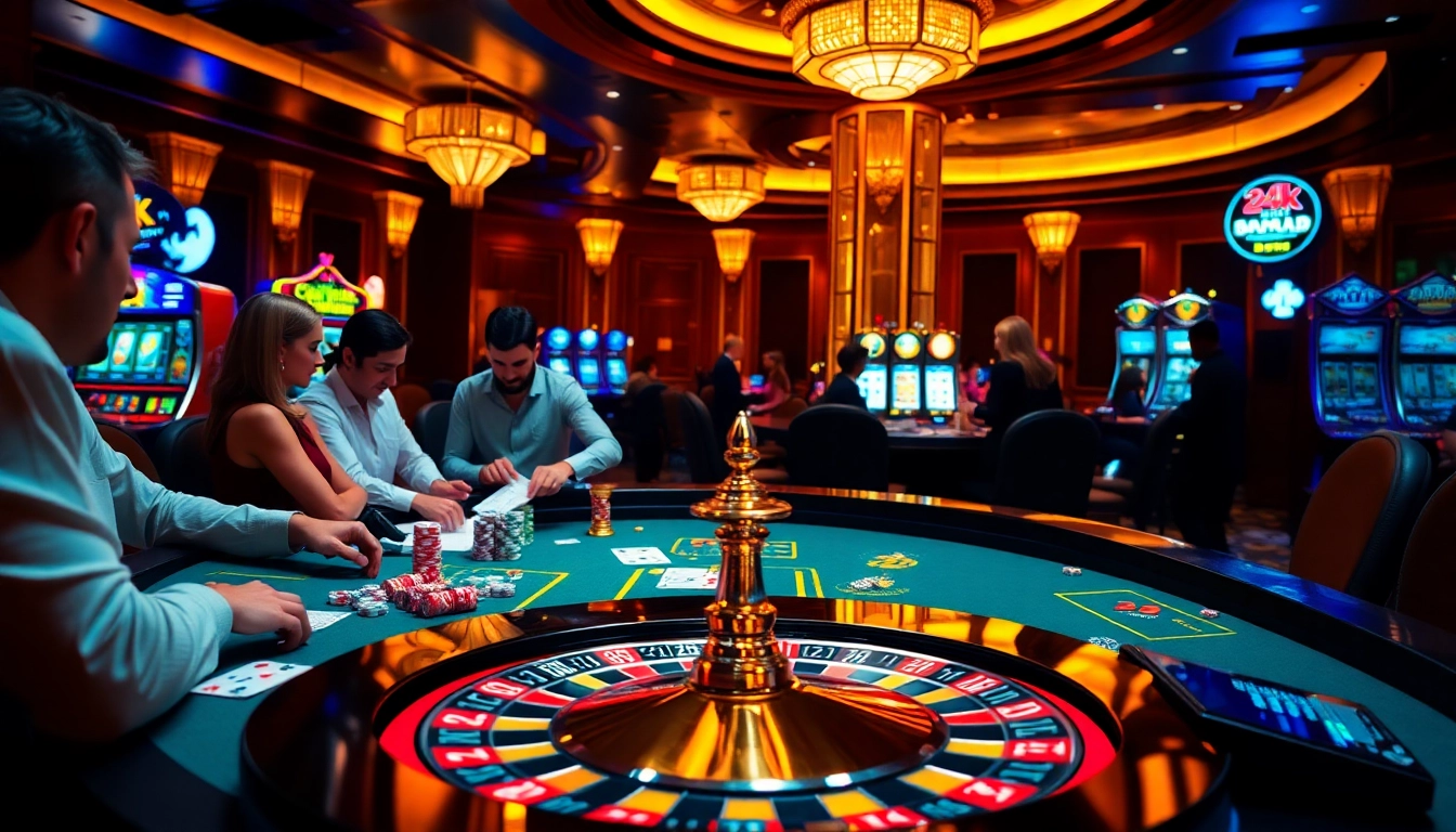 Players enjoying the excitement of the 24k club at a casino table with cards and chips.