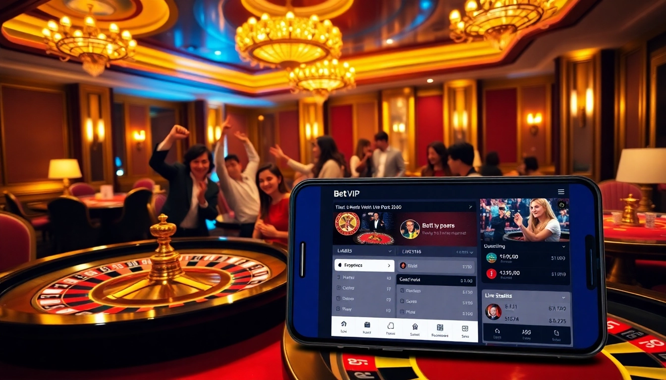Trải nghiệm sự phấn khích của ứng dụng Bet VIP với hình ảnh casino sống động thể hiện sự sang trọng và cảm giác cược ở mức cao.