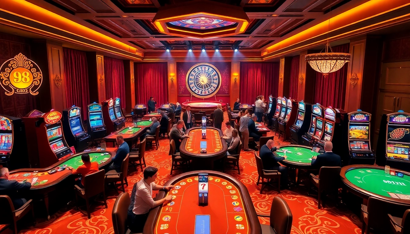 Experience the excitement of 98Win's vibrant gaming floor with players engaged in thrilling casino games.