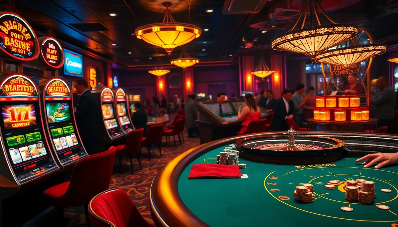 Exciting scene at a luxurious casino featuring 79king slot machines and professional gambling action.