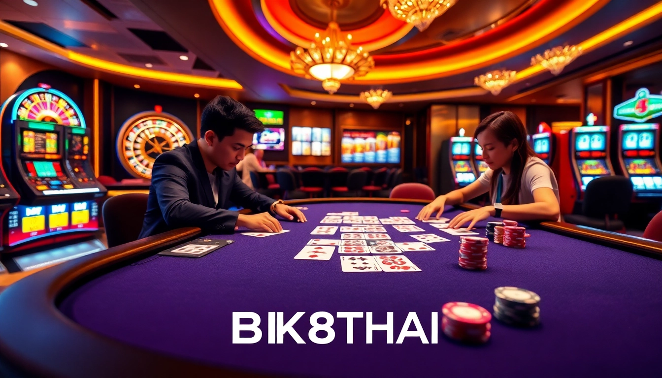 Two players engaging in an intense game at a BK8THAI branded casino table.