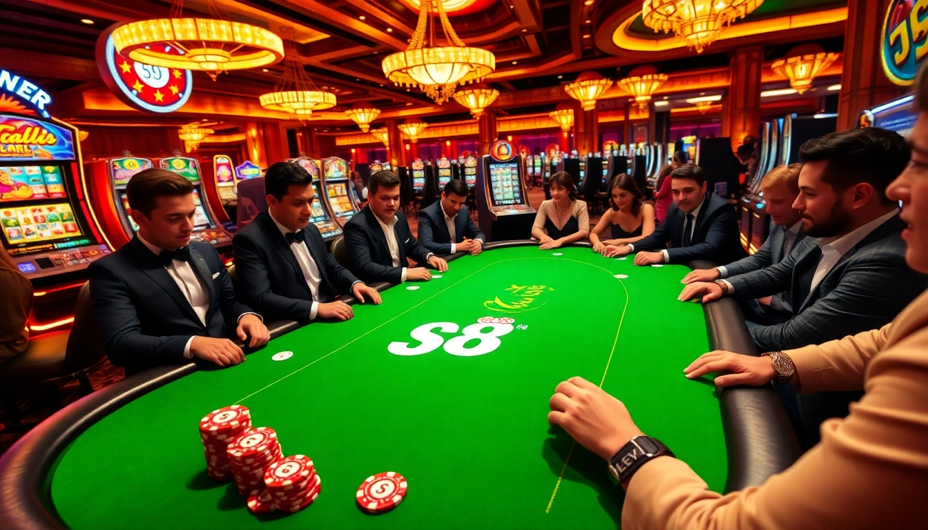 Exciting casino atmosphere with S8-themed poker chips and high-stakes action at the table.