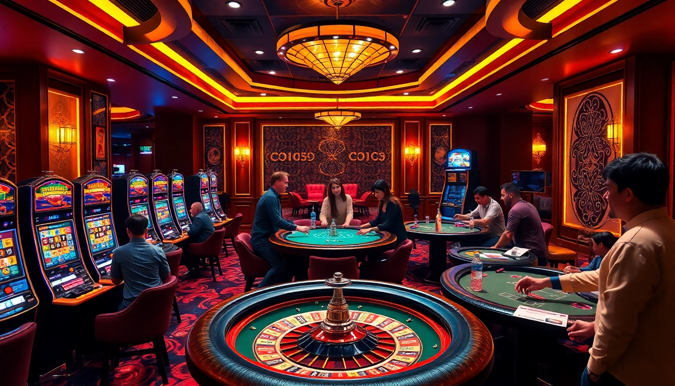 Hit club casino scene showcasing high-stakes gambling with vibrant slot machines and poker tables.