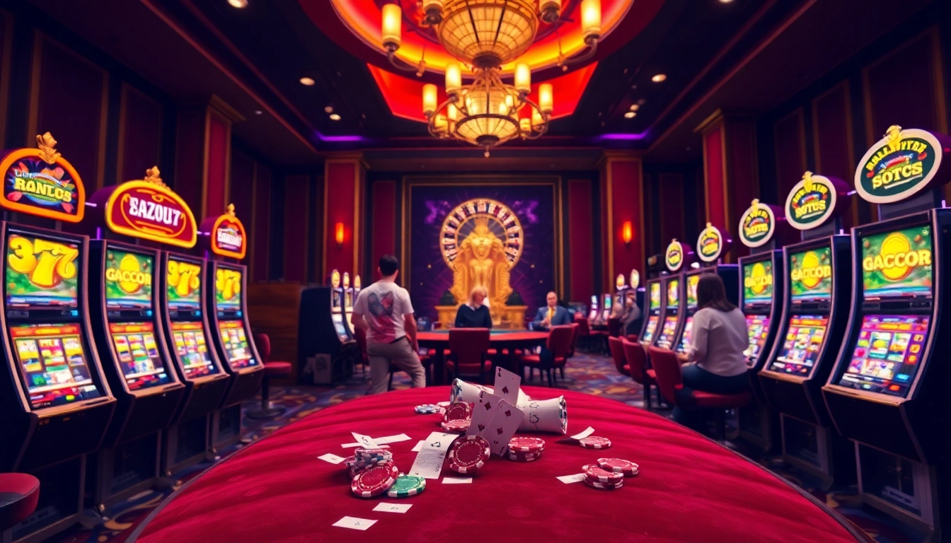 Excited players enjoying gacor slots at a luxurious casino with vibrant machines and sparkling chips.