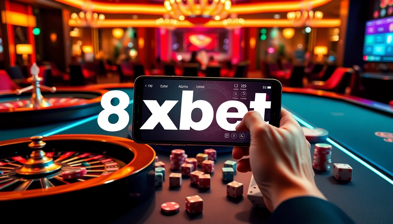 Experience thrilling gameplay with 8xbet tải, showcasing an engaging casino atmosphere filled with poker chips and roulette wheels.