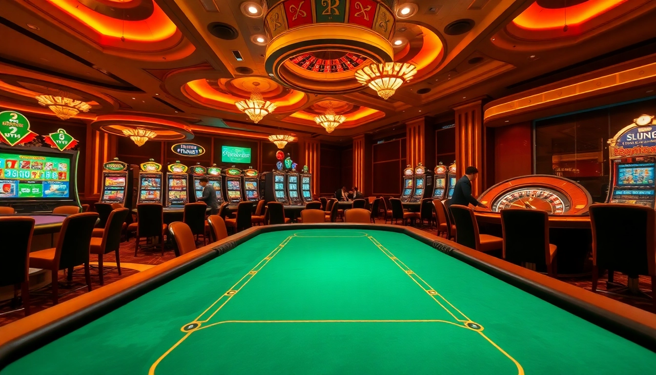 Exciting casino atmosphere at https://fun793.org/ with poker tables, roulette wheels, and vibrant slot machines.